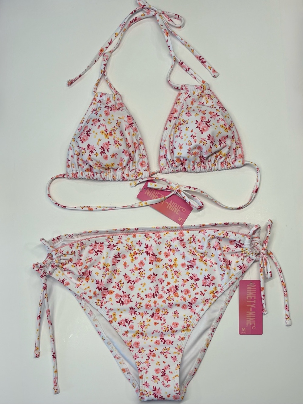 Ninety-Nine White Pink Floral Tie Bikini